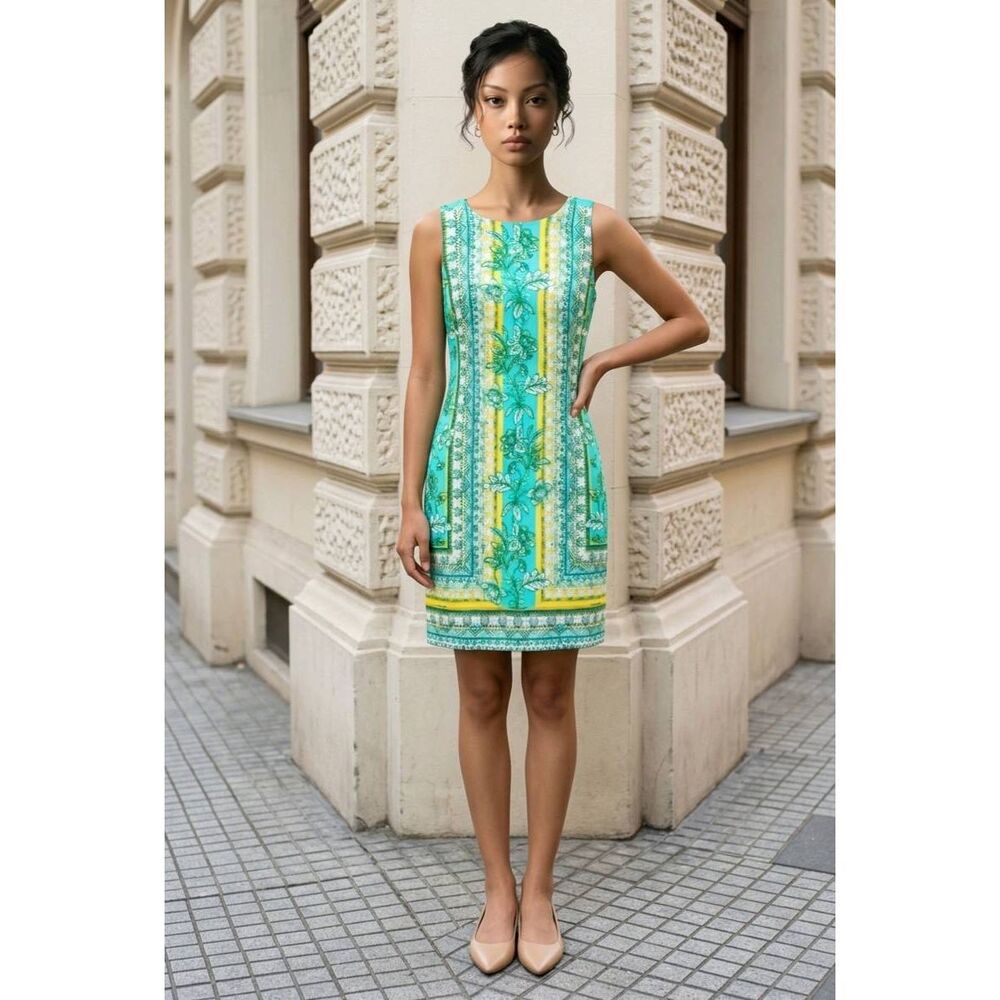 🔹️London Times Green & Yellow Tropical Leaf Sleeveless Dress Size 10